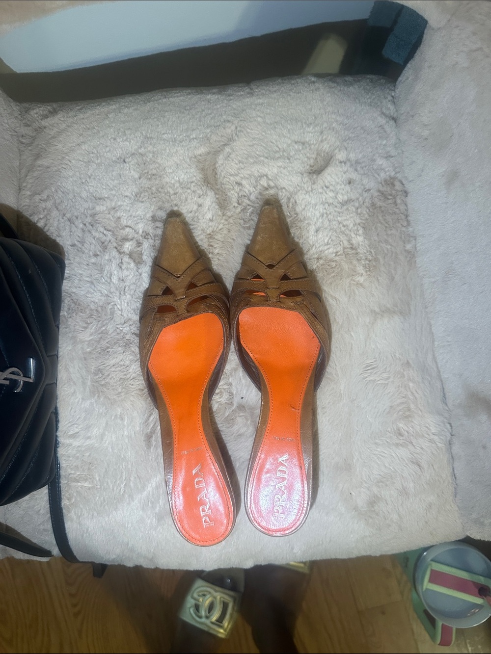 Prada Brown Suede Pointed Mules with Orange Insole - Picture 7 of 11